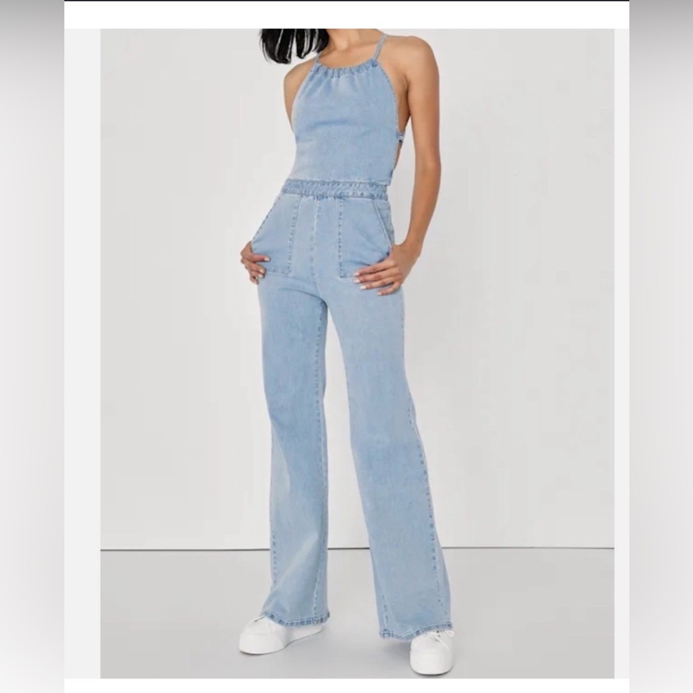 NEW Lulus Light Wash Denim Halter Wide Leg Jumpsuit Open Back— X-Small